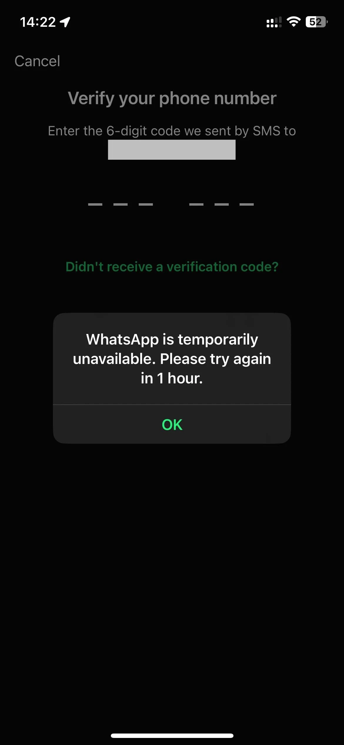 WhatsApp is Temporarily Unavailable for 1 Hour error message