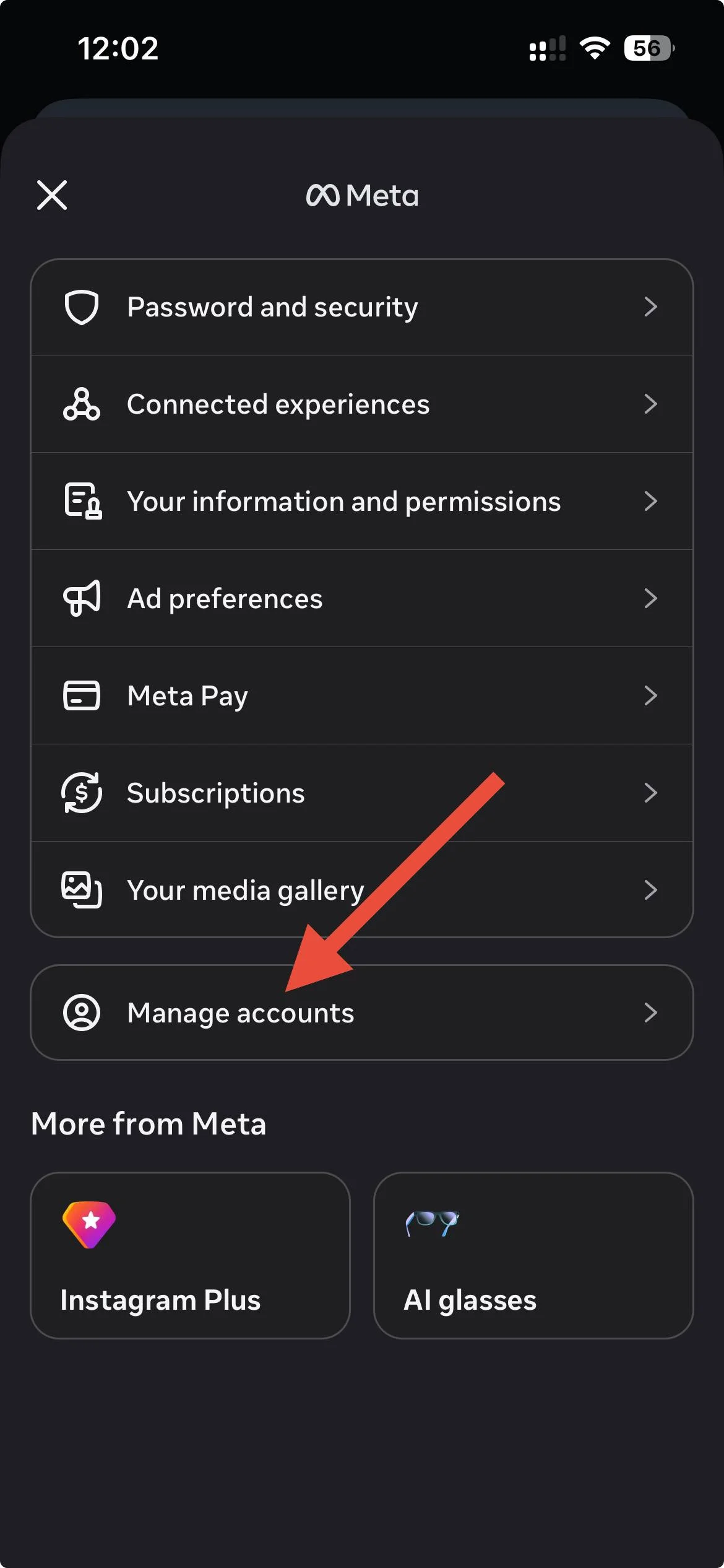 Instagram Accounts Center with the Manage accounts option