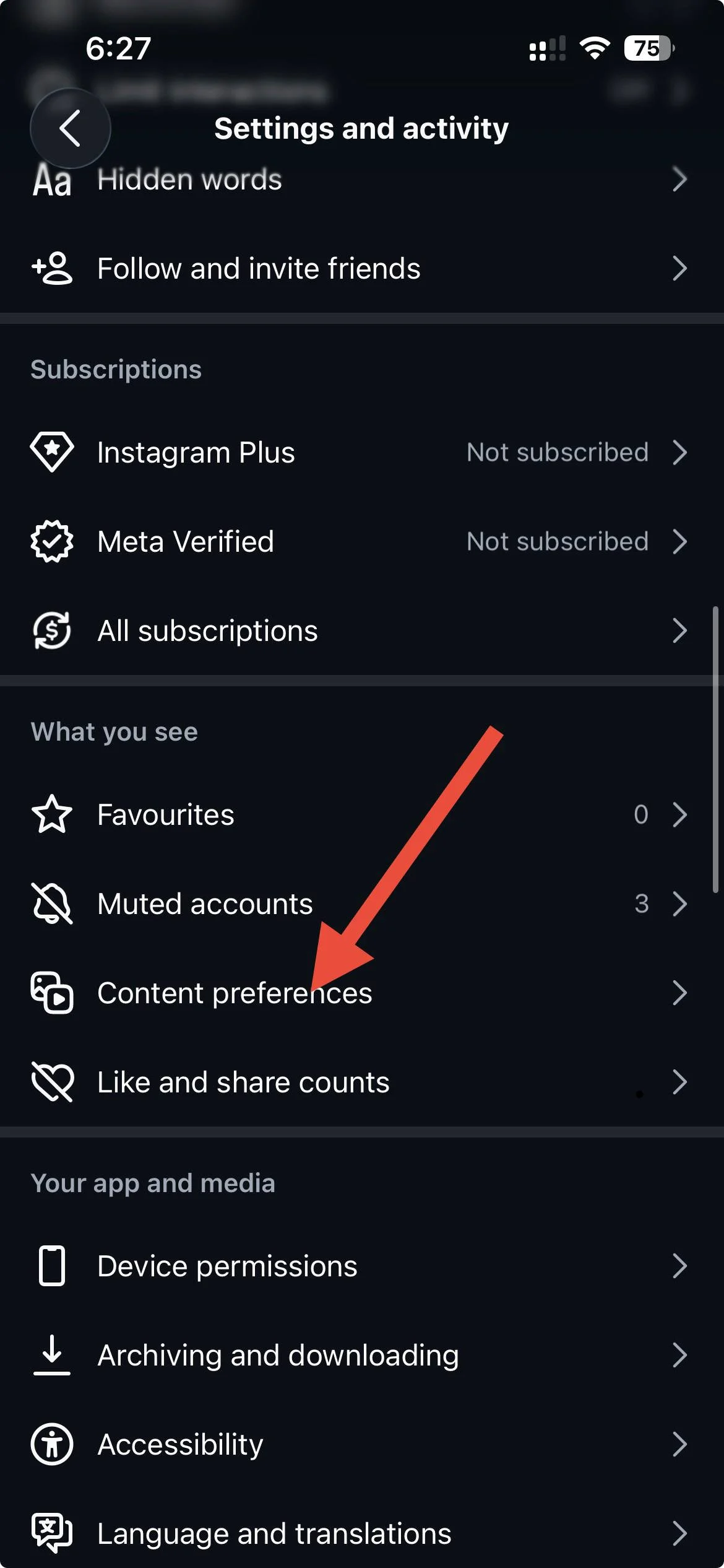 Instagram Content preferences settings