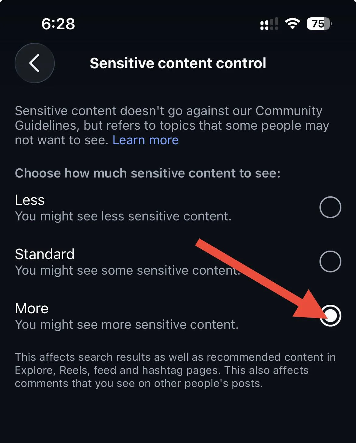 Instagram Sensitive content setting with the More content option selected