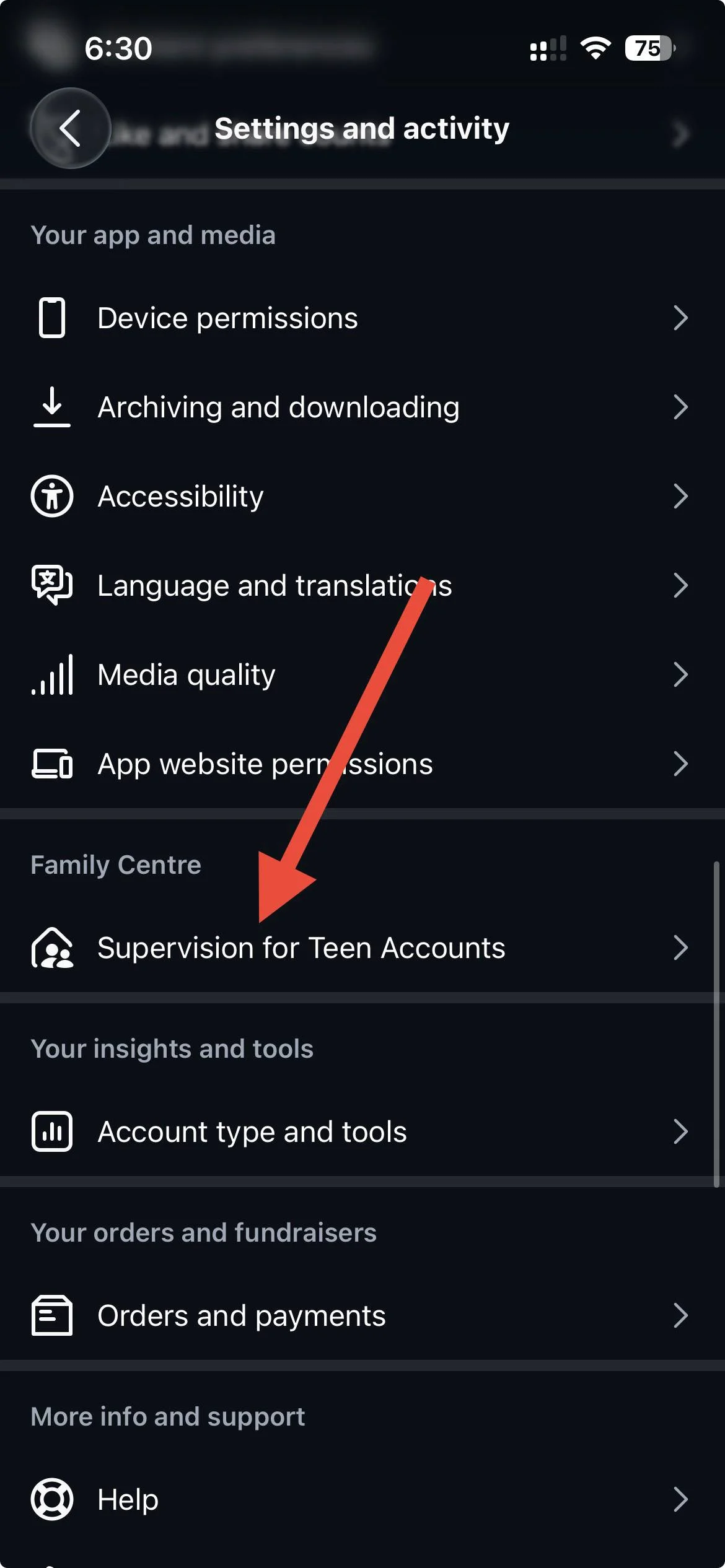 Instagram Family Center screen showing the Supervision for teen accounts option