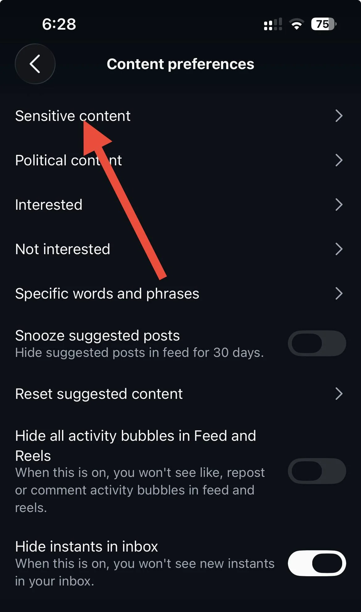 Instagram Content preferences screen showing the Sensitive content option