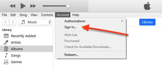 Sign In option in iTunes
