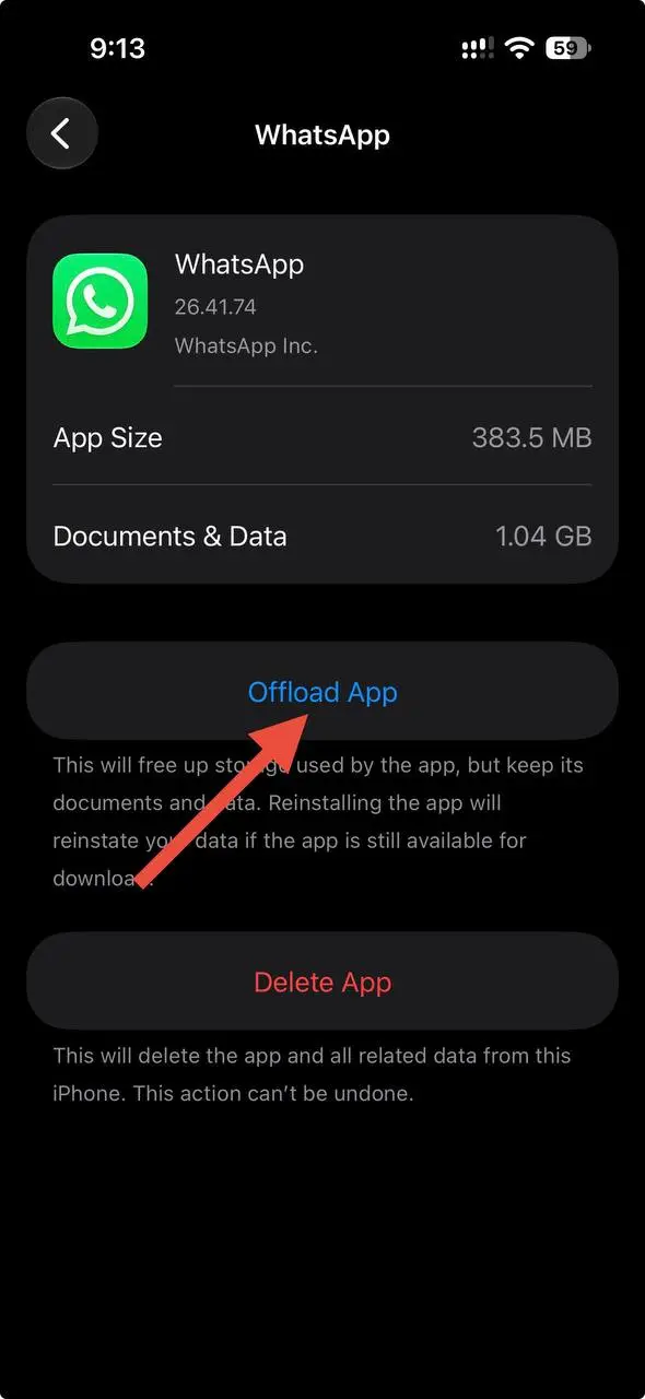 Offload App option for WhatsApp in iPhone Storage settings on iOS