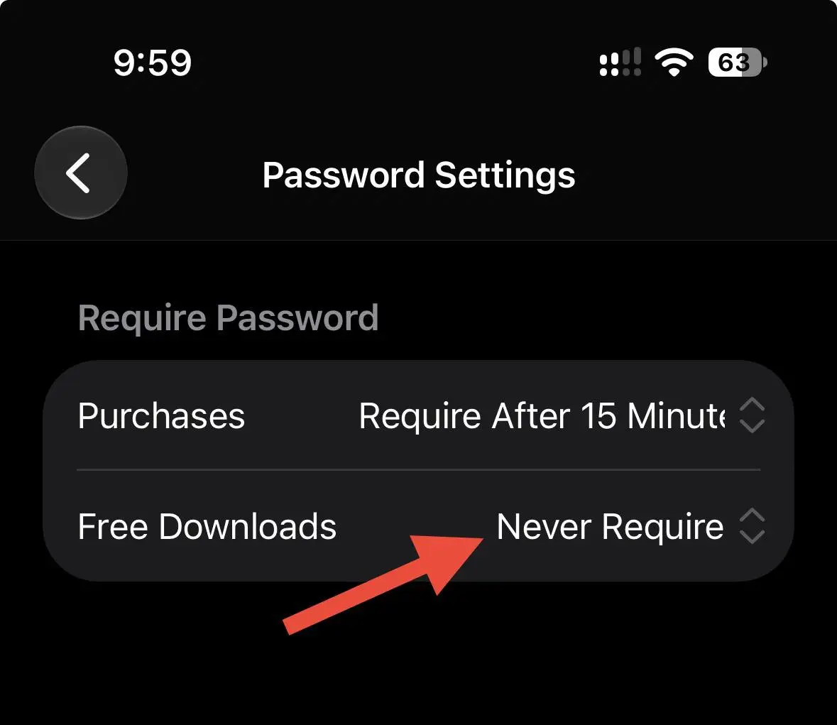 Set Free Downloads to Never Require under Apple App Store password settings on iPhone