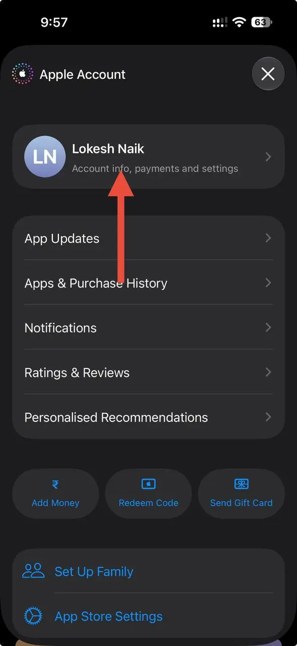 Tap your Apple ID at the top of the App Store account screen