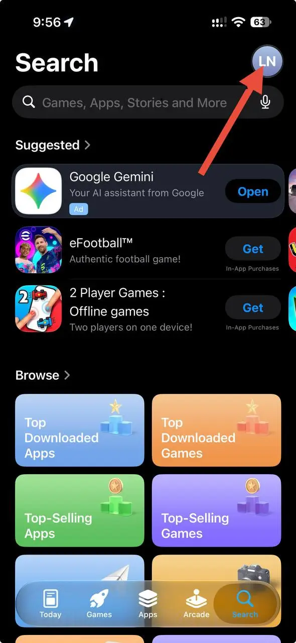 Tap your profile picture in the top right corner of the iOS App Store