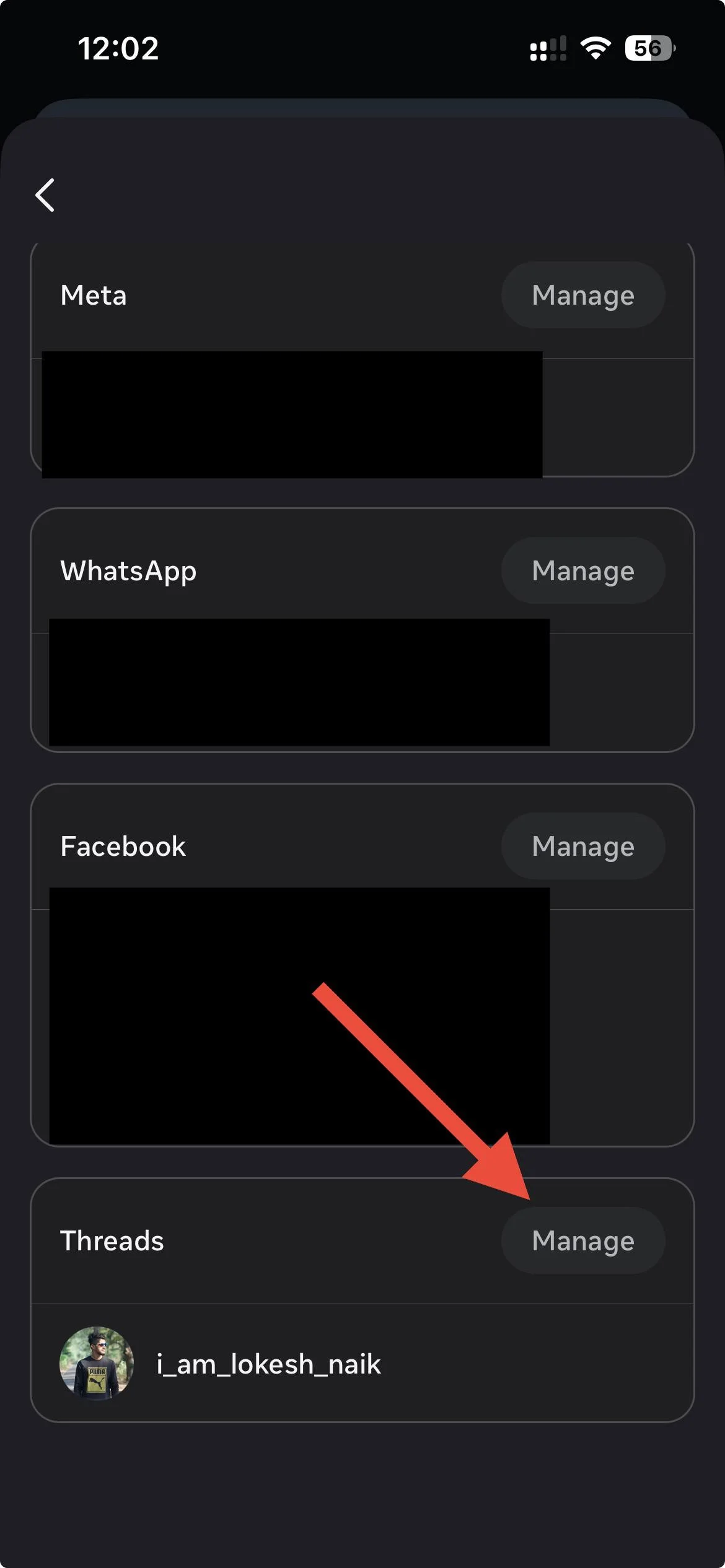 Threads account listed under Manage accounts in Instagram Accounts Center