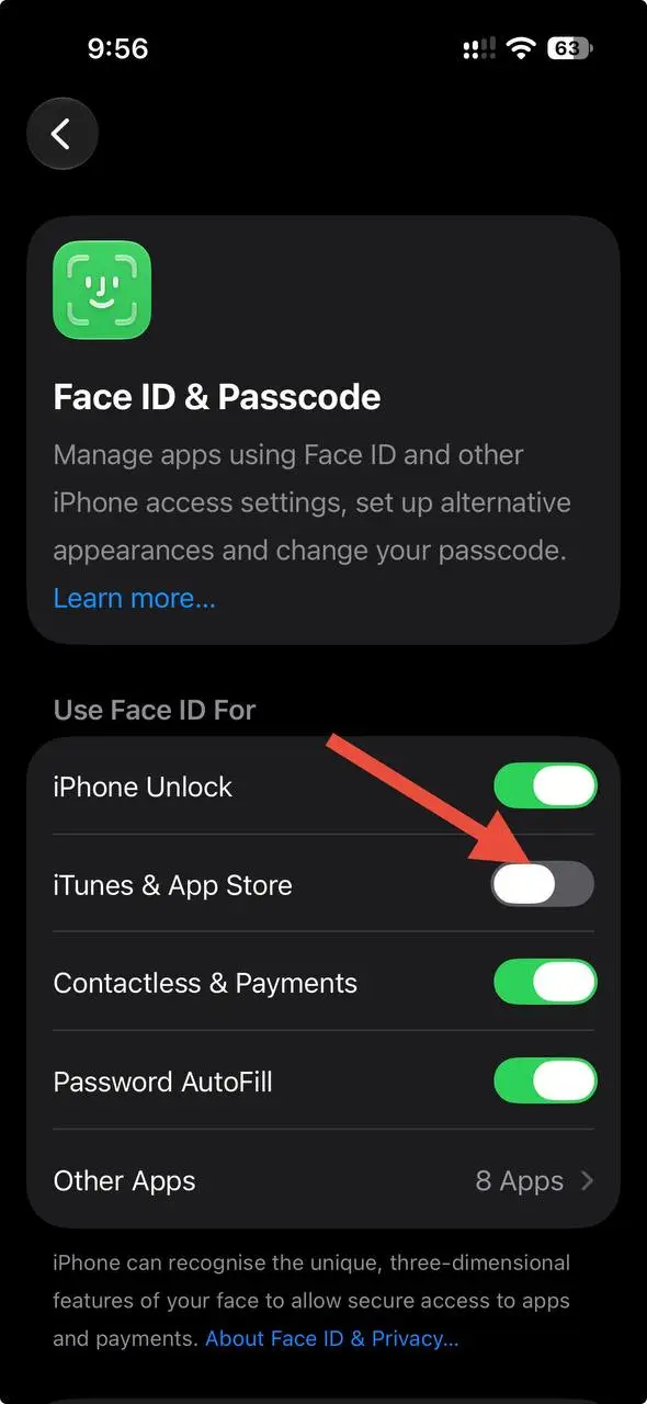 Turn off Face ID for iTunes and App Store in iPhone settings