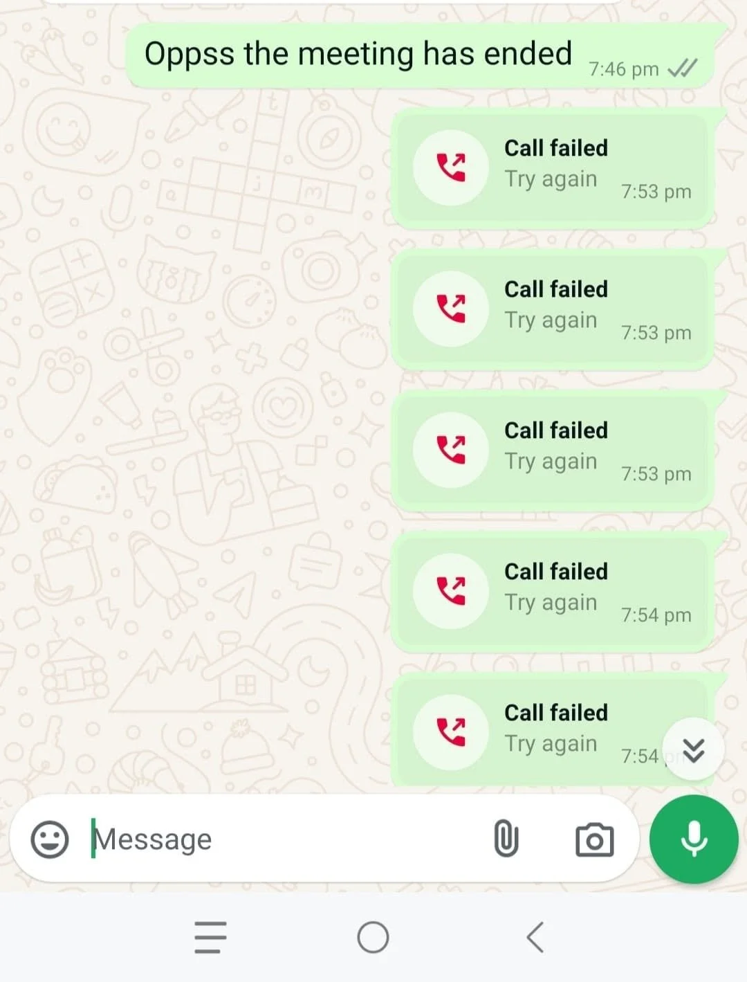 WhatsApp Call Failed error message shown after a voice call